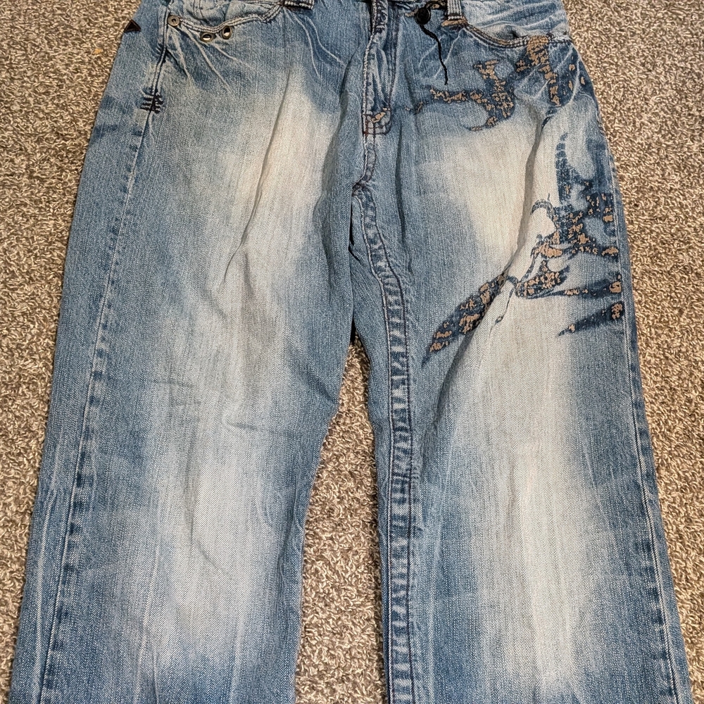 Akademiks Jeans Mens 34 Y2K Baggy Distressed Beaded Embroidered Hip Hop Denim - Picture 6 of 16